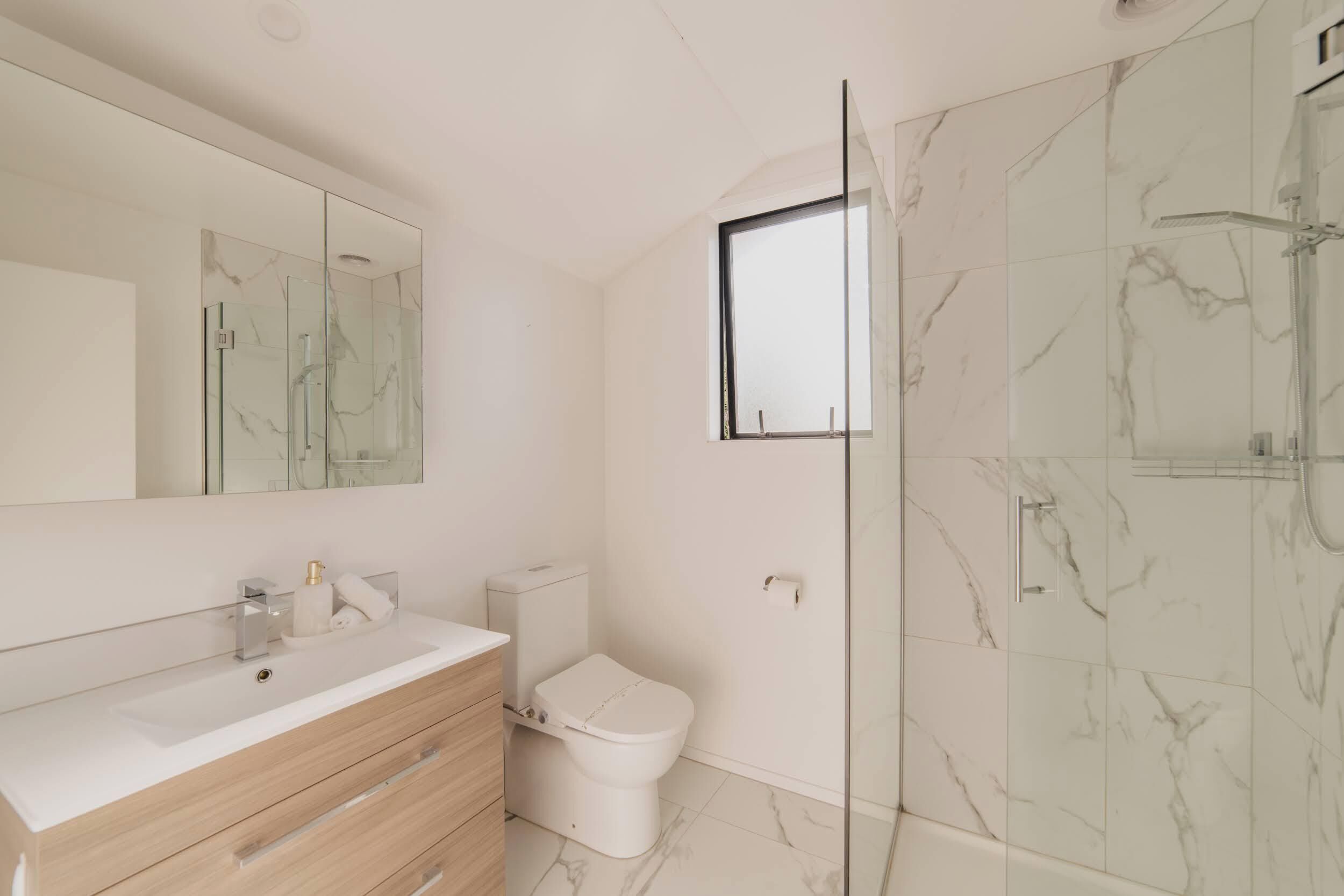 Shower, hair dryer, towels, shampoo