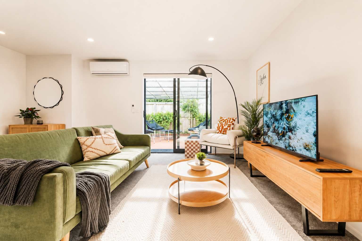 A modern living room with a green sofa, a coffee table, a TV on a wooden stand, and a view of the outdoors through a glass door.