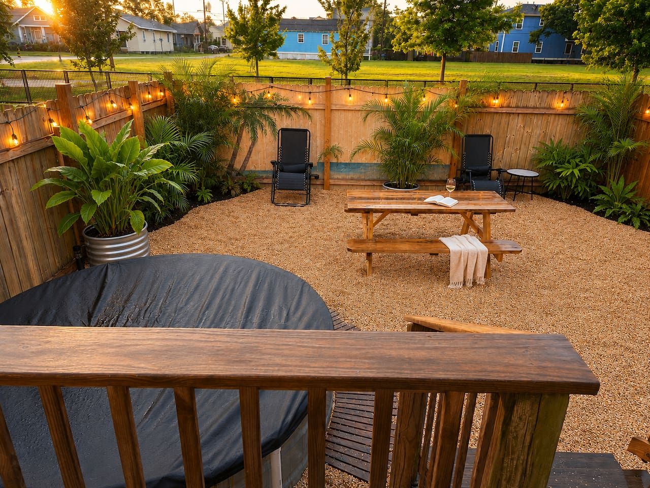 Een houten terras met een picknicktafel en stoelen, omgeven door een houten omheining en lichtslingers.