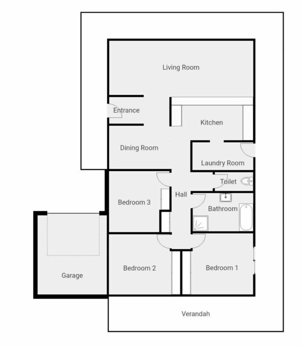 A floor plan of a house with a living room, kitchen, dining room, three bedrooms, a bathroom, a hall, a garage, and a toilet. - Time and Tide in Inverloch (Inverloch)