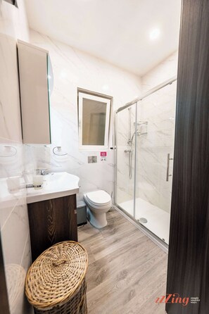 Shower, hair dryer, towels