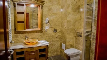 Hair dryer, towels, soap, shampoo