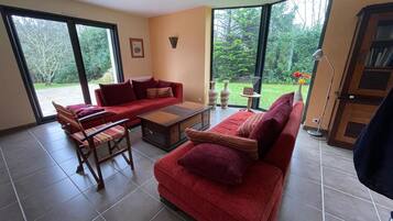 Télévision, lecteur de DVD, table de tennis de table, livres