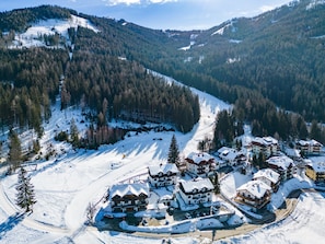 A snow-covered mountain village with traditional wooden houses, a ski slope, and a clear view of the surrounding forested mountains. - Apartment With Carinthian Mountain View (Bad Kleinkirchheim)