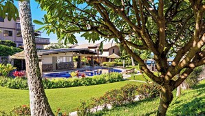 A pool area with a hot tub, surrounded by a well-maintained lawn and various plants. - Remodeled, A/C,-KS C2C - Sullivan Properties (Lahaina)
