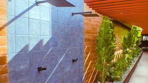 Pared de azulejos con un cabezal de ducha y una planta en maceta.