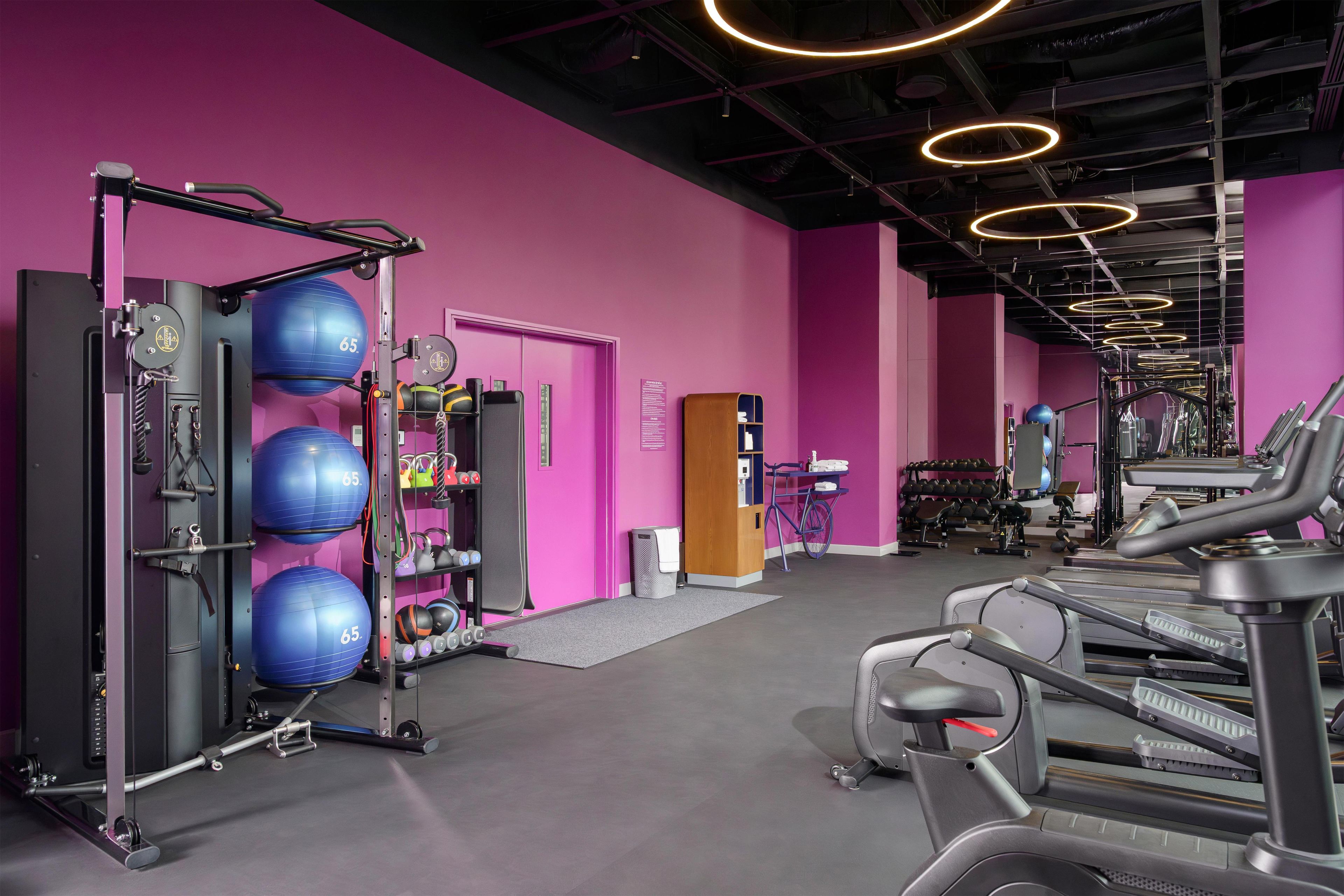 Une salle de sport équipée de matériel d’exercice, d’un porte-haltères fixé au mur et d’un tapis de course.
