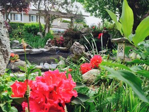 Un jardín con un estanque, rocas y flores rojas.