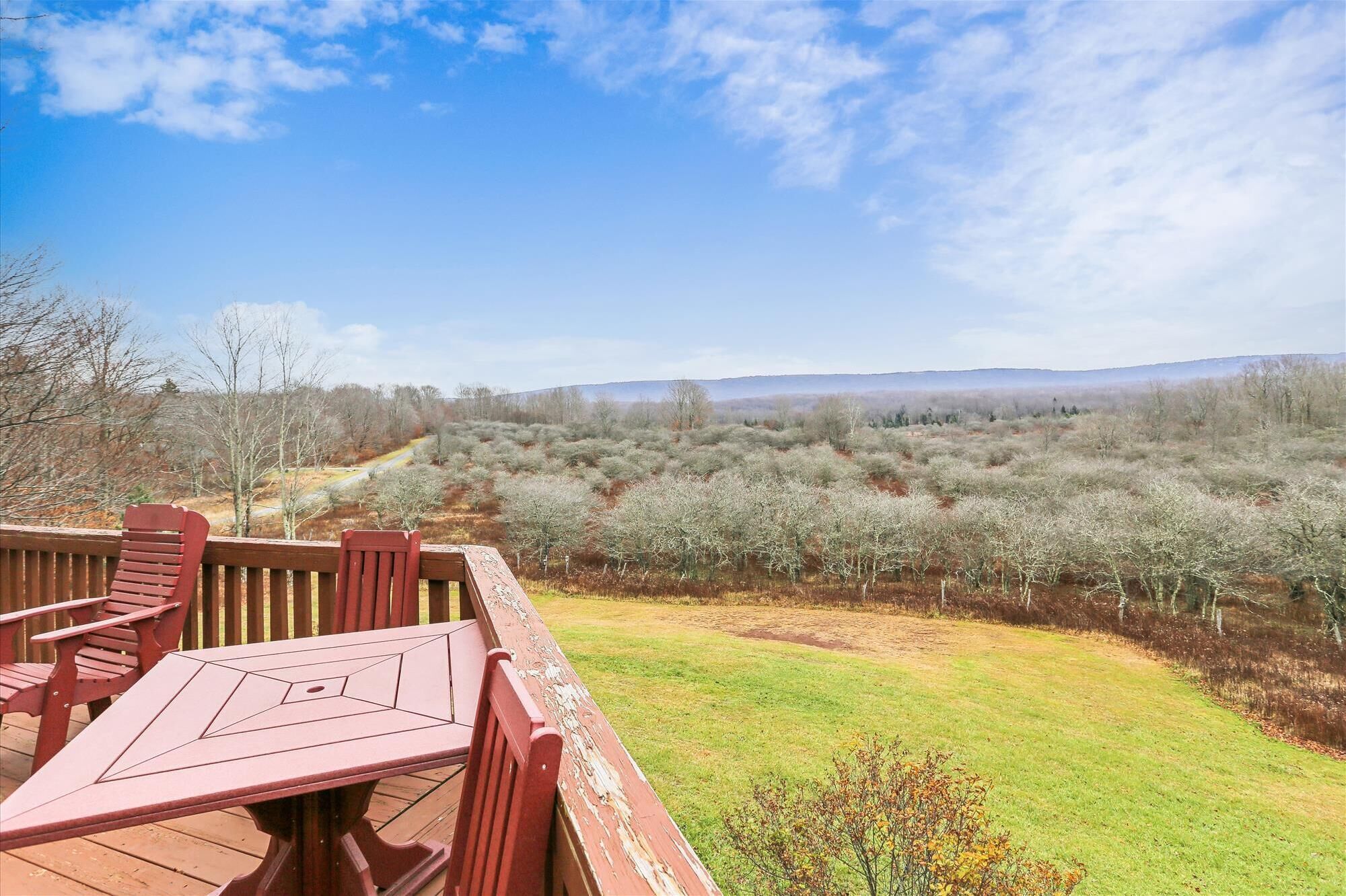 A deck with a table and chairs overlooking a grassy area with shrubs and a distant road.