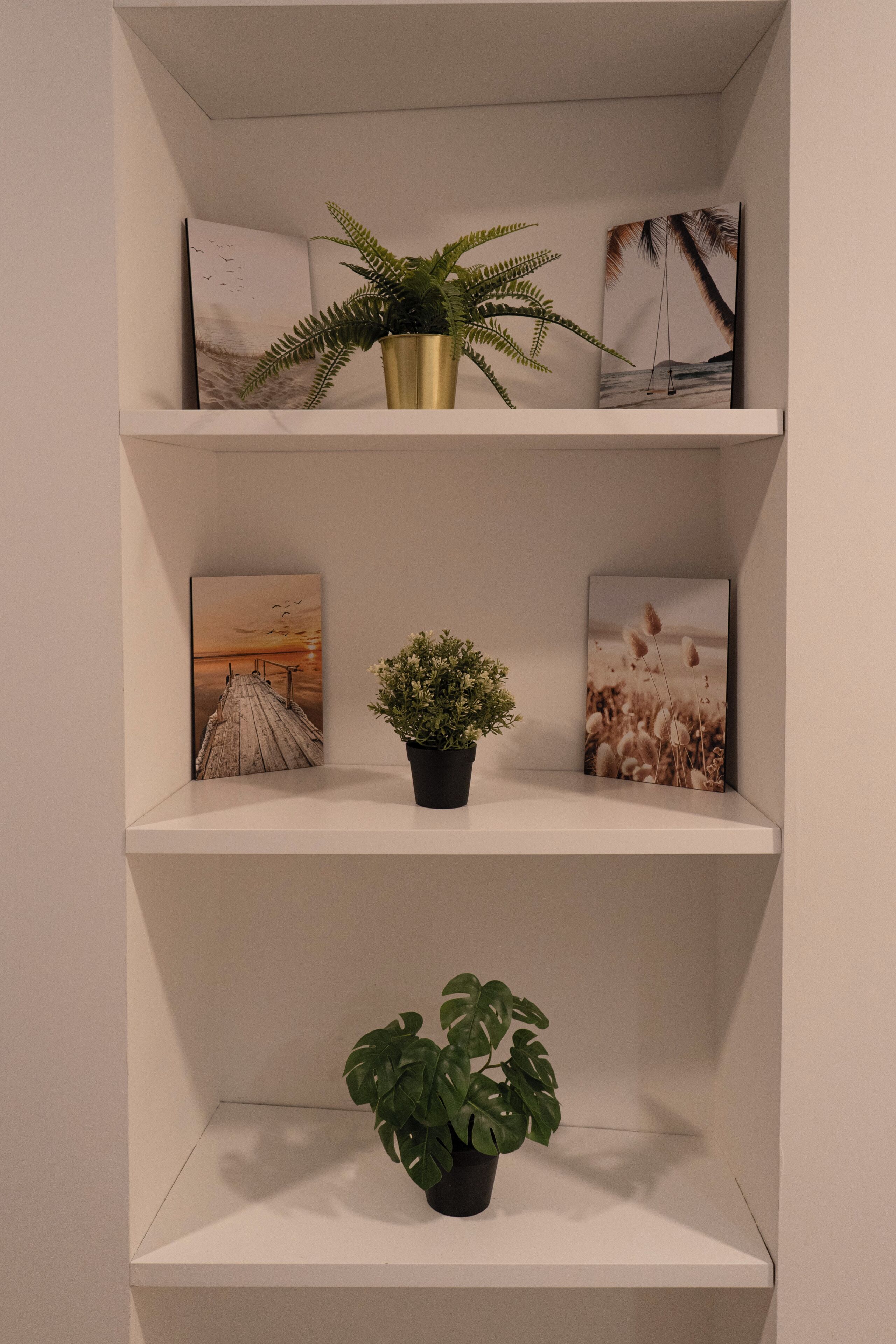 A white shelf with three framed artworks and two potted plants.