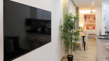 Superior studio | Woonruimte | Een 40-inch flatscreentelevisie met satellietzenders en een televisie