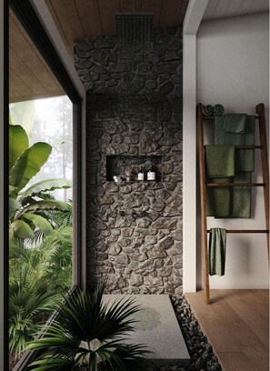 Premium Cabin, Garden View | Bathroom | Shower, hair dryer, towels, soap