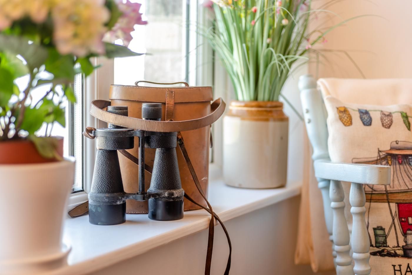 A window sill with binoculars, a potted plant, and a chair with a cushion.
