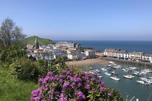 A coastal town with a marina, buildings, and a hill in the background.
