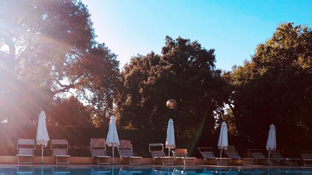 A swimming pool with lounge chairs and umbrellas, surrounded by trees.