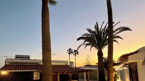 Une villa moderne dotée d’une cour intérieure, de palmiers et offrant une vue sur le coucher de soleil.