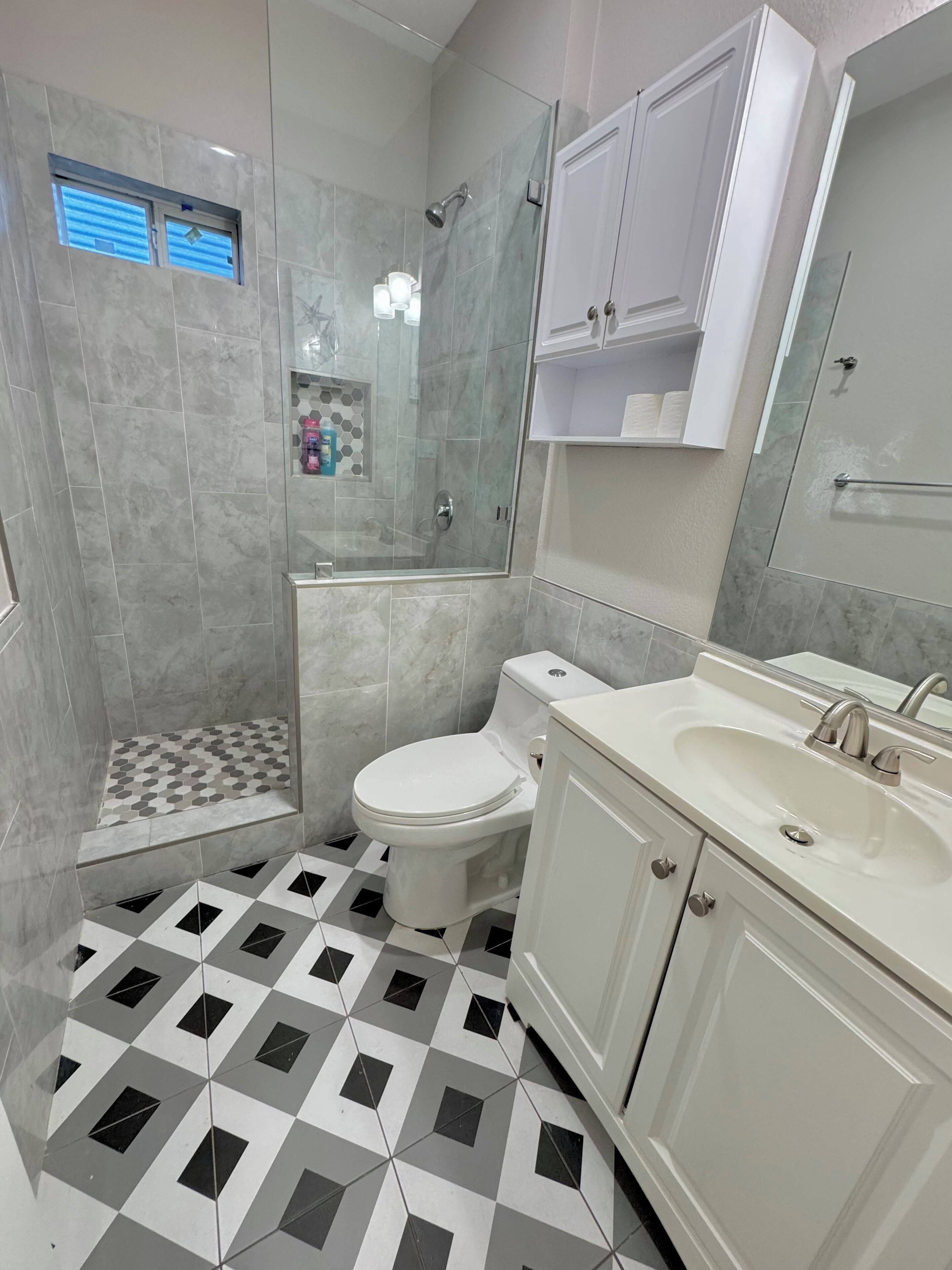 Une salle de bain avec douche, toilettes et lavabo.