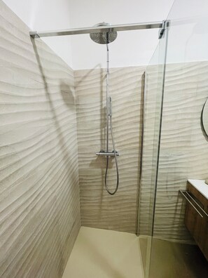 Shower, hair dryer, bidet, towels
