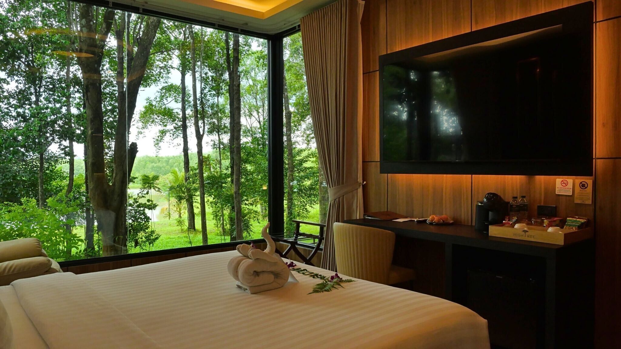 Habitación de hotel con una cama grande, un escritorio con televisor y vista a un bosque.