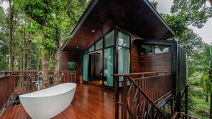 A modern wooden cabin with a large glass door, a wooden deck, and a white bathtub.