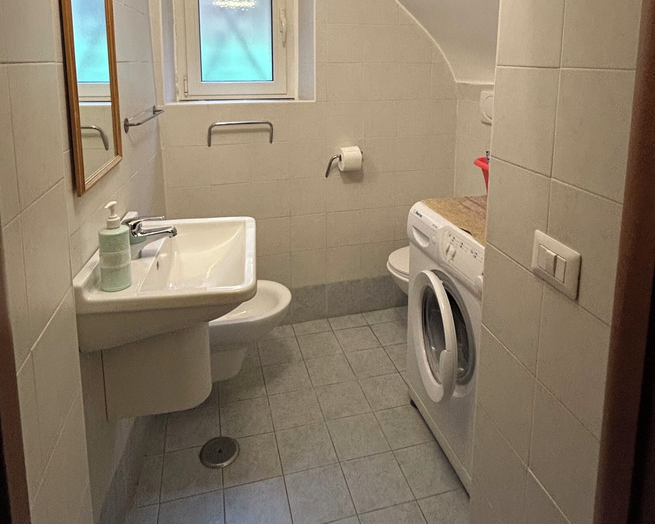 Un baño pequeño con lavamanos, inodoro y lavadora.