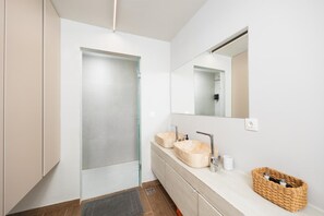 Shower, hair dryer, towels