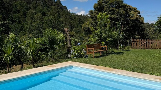Ein Schwimmbecken mit Holzterrasse, umgeben von üppiger Bepflanzung und einem Holzzaun.