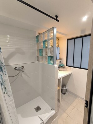 Shower, hair dryer, towels, soap