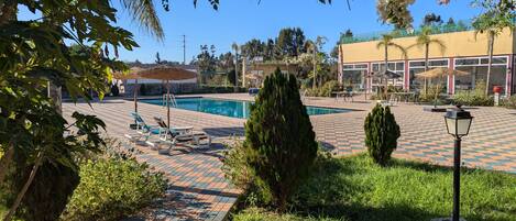 Un área de piscina con sillones reclinables, un camino empedrado y un edificio al fondo.