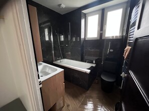 Hair dryer, towels, soap, toilet paper