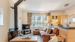 A cozy living room with a fireplace, a television, a sofa, and a kitchen area with wooden cabinets and a window. - 3 bedroom accommodation in Roch (Roch)