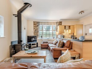 Uma sala de estar acolhedora com lareira, televisão, sofá e área de cozinha com armários de madeira e uma janela.