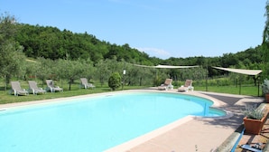 A swimming pool with lounge chairs and a shaded area, surrounded by greenery. - Nice Apartment in Guasticce With Pool (Collesalvetti)