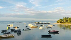 Een rustige haven met kleine boten aanmeren, een zandstrand met palmbomen en een heldere lucht.
