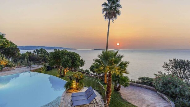 Une piscine avec des chaises longues, un palmier et une vue sur le coucher de soleil.