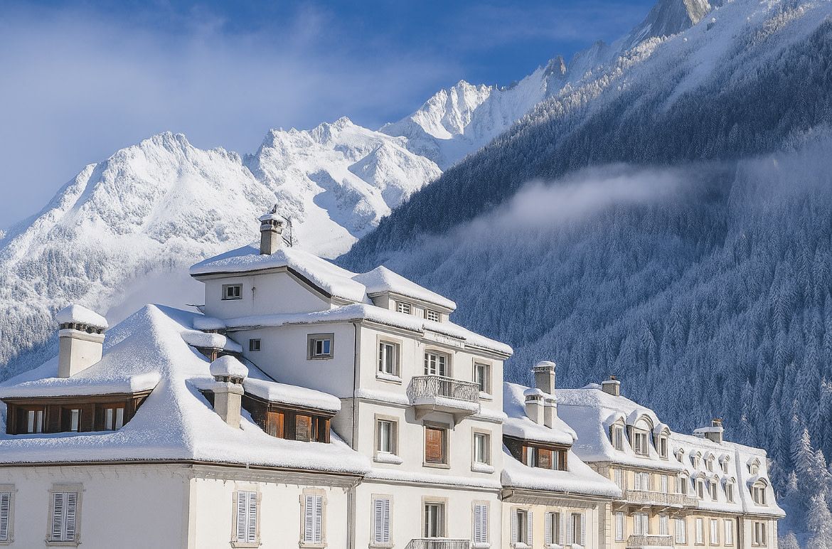 A multi-story building with snow-covered roofs and a mountainous backdrop.