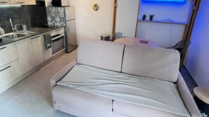 A compact living space with a kitchenette, a sofa bed, a small table, and a shelf with decorative items.