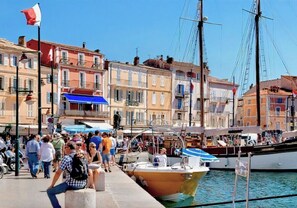 A bustling waterfront with colorful buildings, a docked boat, and people walking along the promenade.