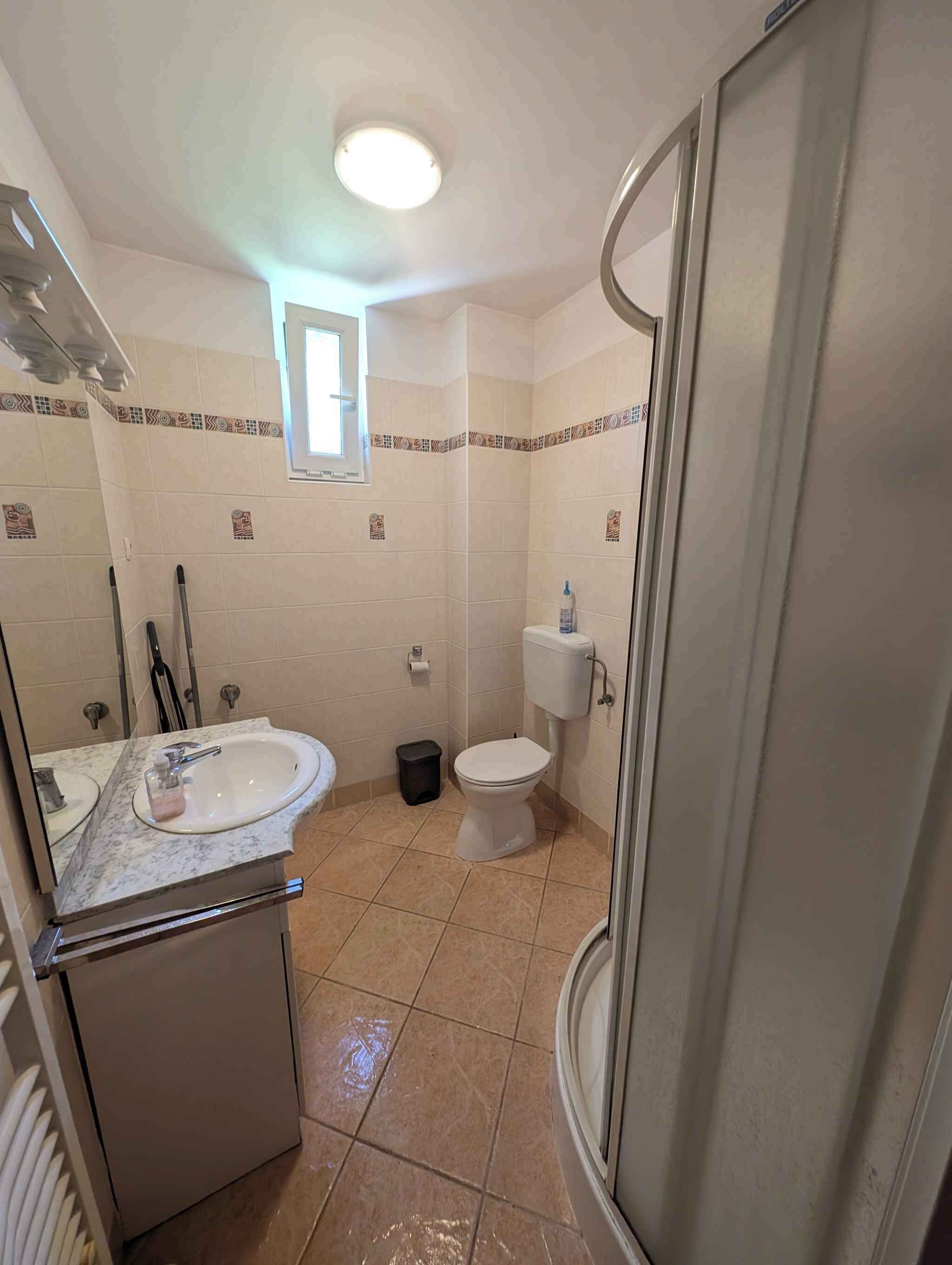 A bathroom with a sink, toilet, and shower.