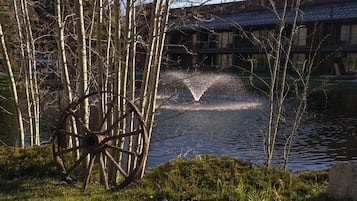 A rustic outdoor setting with a water feature, a large wooden wheel, and a building with a traditional roof in the background.