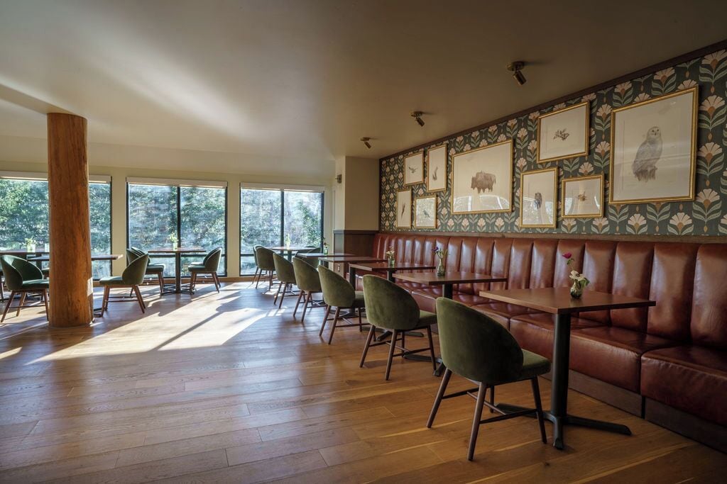Een restaurant met houten vloeren, groene stoelen, een bruine lederen bank en ingelijste foto's aan de muur.