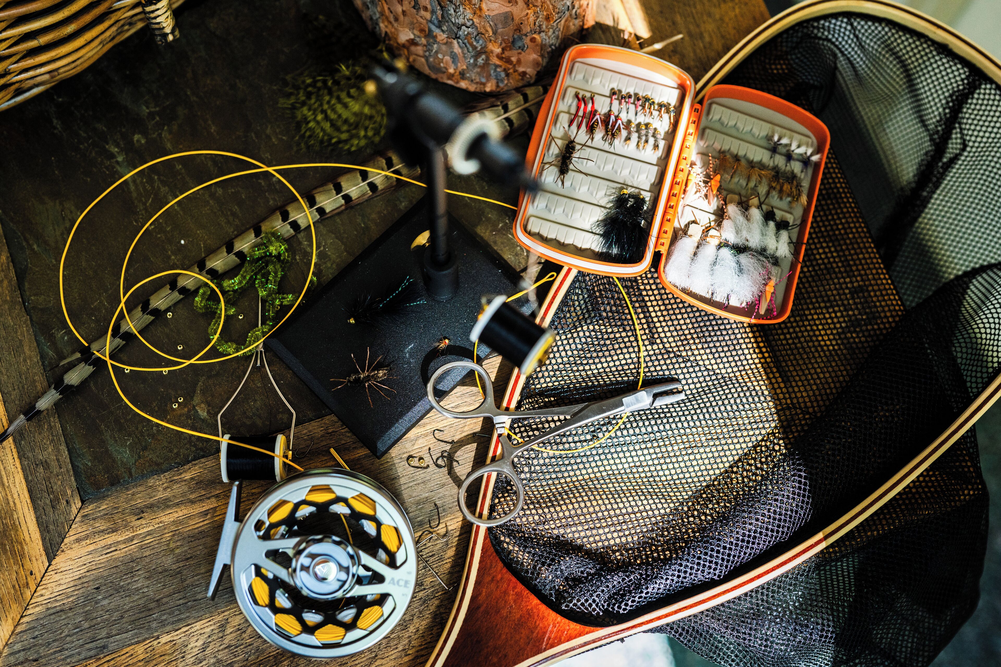 A fishing setup with a net, bait, and fishing line.