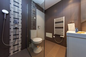 Une salle de bain moderne équipée d’une douche, de toilettes et d’un porte-serviettes.