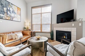 Smart TV, fireplace, books