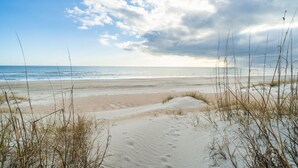 A beach with sand dunes and sparse vegetation. - Charming 5-bedroom oceanfront duplex with wonderful views (Emerald Isle)