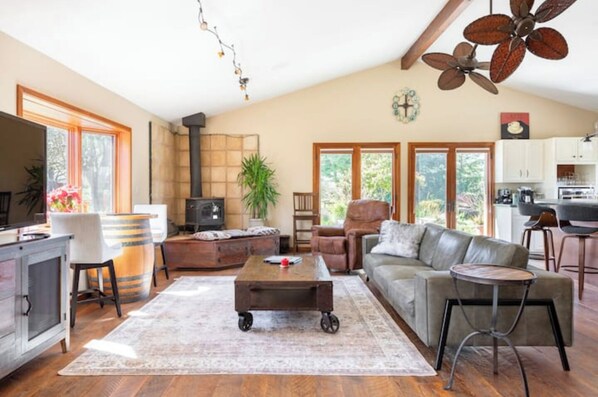 Smart TV, fireplace, DVD player, books