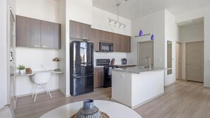 Fridge, dining tables