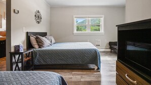 Een slaapkamer met twee bedden, een televisie, een raam met uitzicht op groen en een plafondventilator.