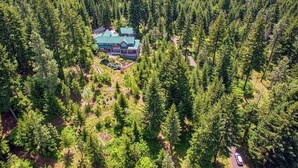 An aerial view of a lodge surrounded by dense forest, with a large building featuring a green roof and multiple windows. - Trout Lake Treehouse - A large, splendid, and private mountain home! (Trout Lake)