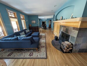 Smart TV, fireplace, video games, DVD player